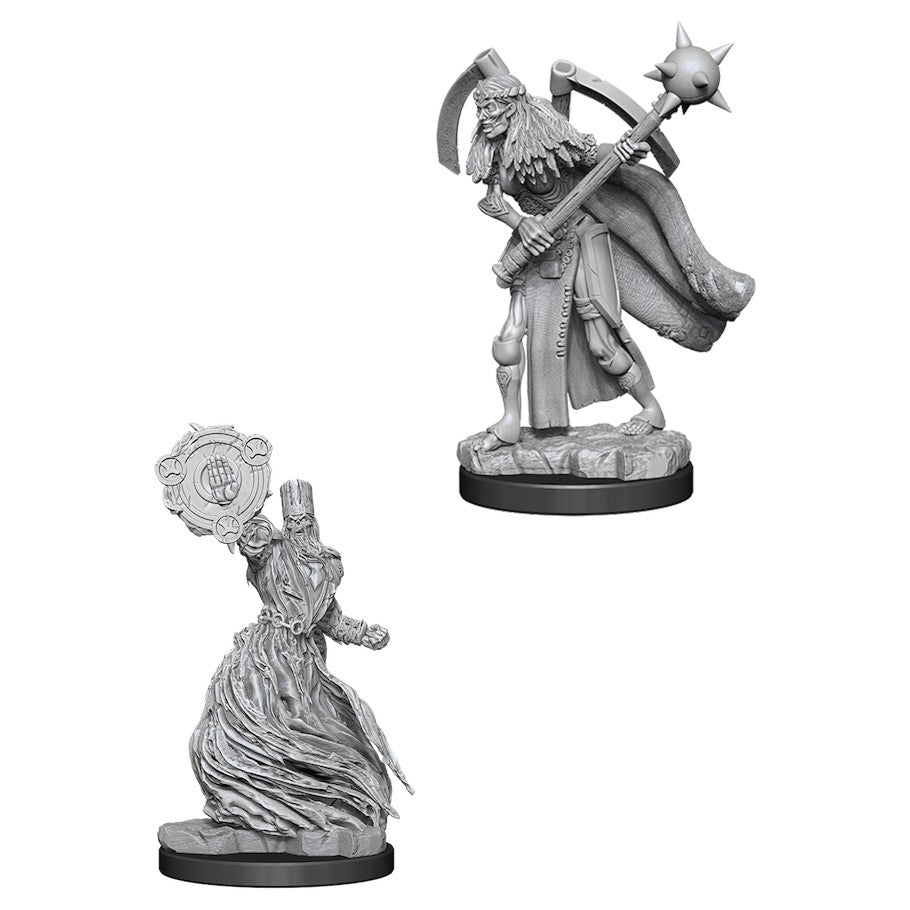 Pathfinder Battles Deep Cuts: Liches W6 - Two unpainted gray resin miniatures of liches, one holding a spiked mace and wearing a tattered cloak, the other with a.