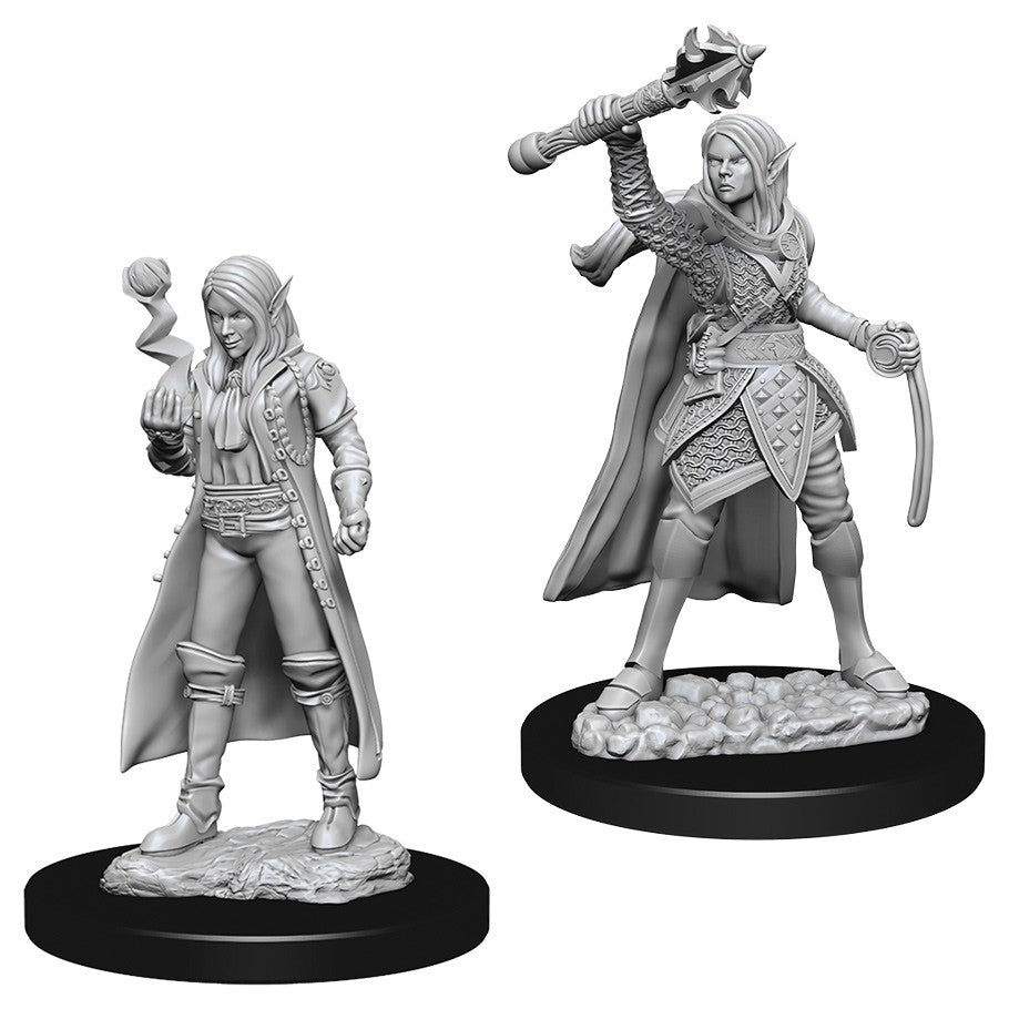D&D: Nolzur's Marvelous Minis: Female Elf Cleric W10 - Unpainted female elf cleric miniature with long hair, holding a mace and a glowing orb, wearing armor and a flowing cloak.