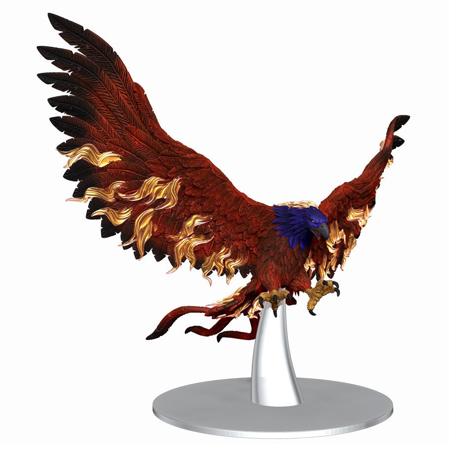 Critical Role Mini: MoT: Premium Figure: Ember Roc - Red and gold phoenix figure with blue chest and outstretched wings on a clear display stand.