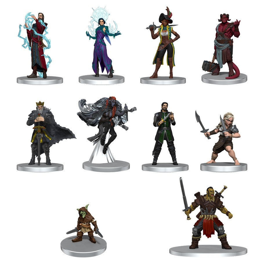 Critical Role Mini: NPCs of Exandria Set 1 - Ten detailed fantasy character miniatures from Critical Role, featuring diverse poses, clothing, and weapons on round bases.