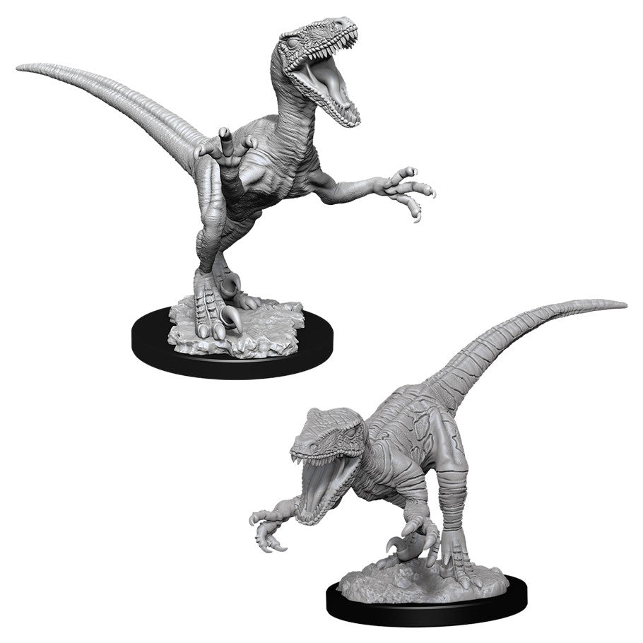Deep Cuts: Raptors W11 - Two detailed gray dinosaur miniatures with open mouths and sharp claws on round black bases.