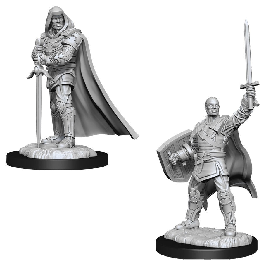 D&D: Nolzur's Marvelous Minis: Human Paladin Male W13 - Two unpainted gray plastic fantasy miniatures of human male paladins; one stands with arms crossed and a cape flowing.