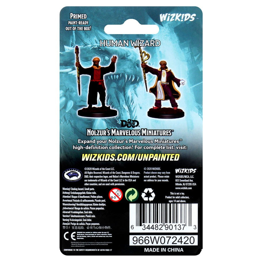 D&D: Nolzur's Marvelous Minis: Human Wizard Male W13 - Unpainted miniature of a male human wizard holding a staff, wearing a long robe and cloak, detailed fantasy figure.