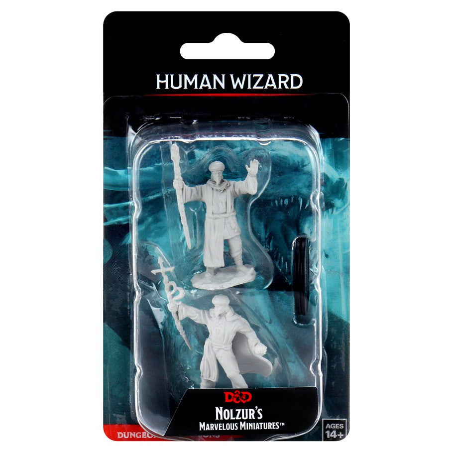 D&D: Nolzur's Marvelous Minis: Human Wizard Male W13 - Unpainted human wizard miniature holding staff and spellbook in clear blister pack.