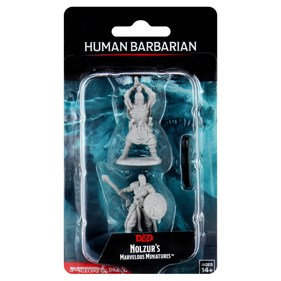 D&D: Nolzur's Marvelous Minis: Human Barbarian Male W13 (Unpainted) - Unpainted gray plastic miniature of a male human barbarian holding a sword and shield, D&D Nolzur's Marvelous Minis packaging.