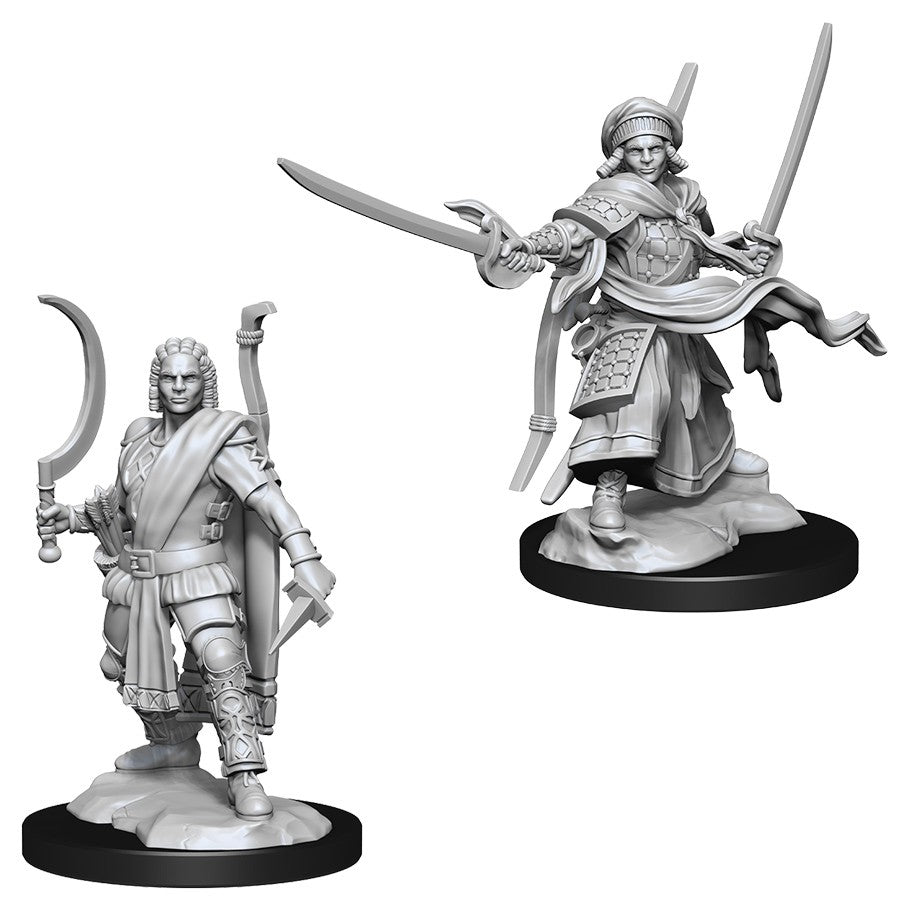 D&D: Nolzur's Marvelous Minis: Human Ranger Male W13 - Two unpainted gray fantasy miniatures on black bases, one wielding a curved sword and bow, the other with a sword and.