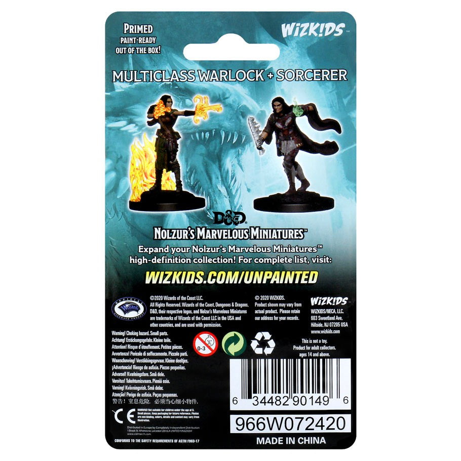 Dungeons & Dragons: Nolzur's Marvelous Minis: Warlock + Sorcerer Female - Unpainted Warlock and Sorcerer female miniatures on round bases with fiery and magical effects.