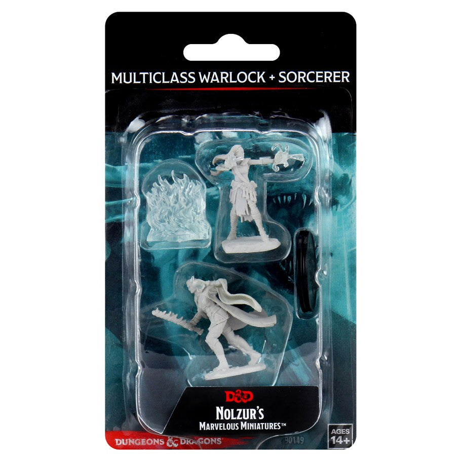 Dungeons & Dragons: Nolzur's Marvelous Minis: Warlock + Sorcerer Female - Two gray plastic Dungeons & Dragons miniatures of a female warlock and sorcerer with detailed fantasy armor and robes,.