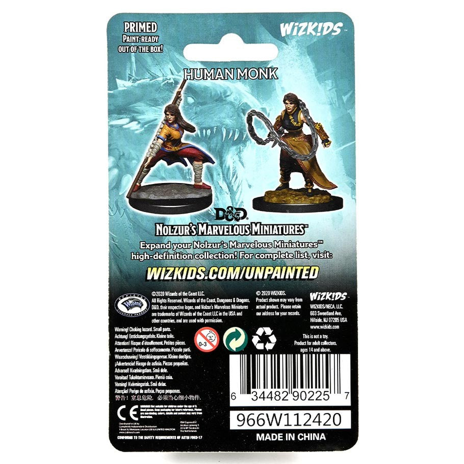D&D: Nolzur's Marvelous Minis: Human Monk Female Wave 14 - Back packaging of D&D Nolzur's Marvelous Minis Human Monk Female Wave 14 with painted and unpainted miniatures against a sky .