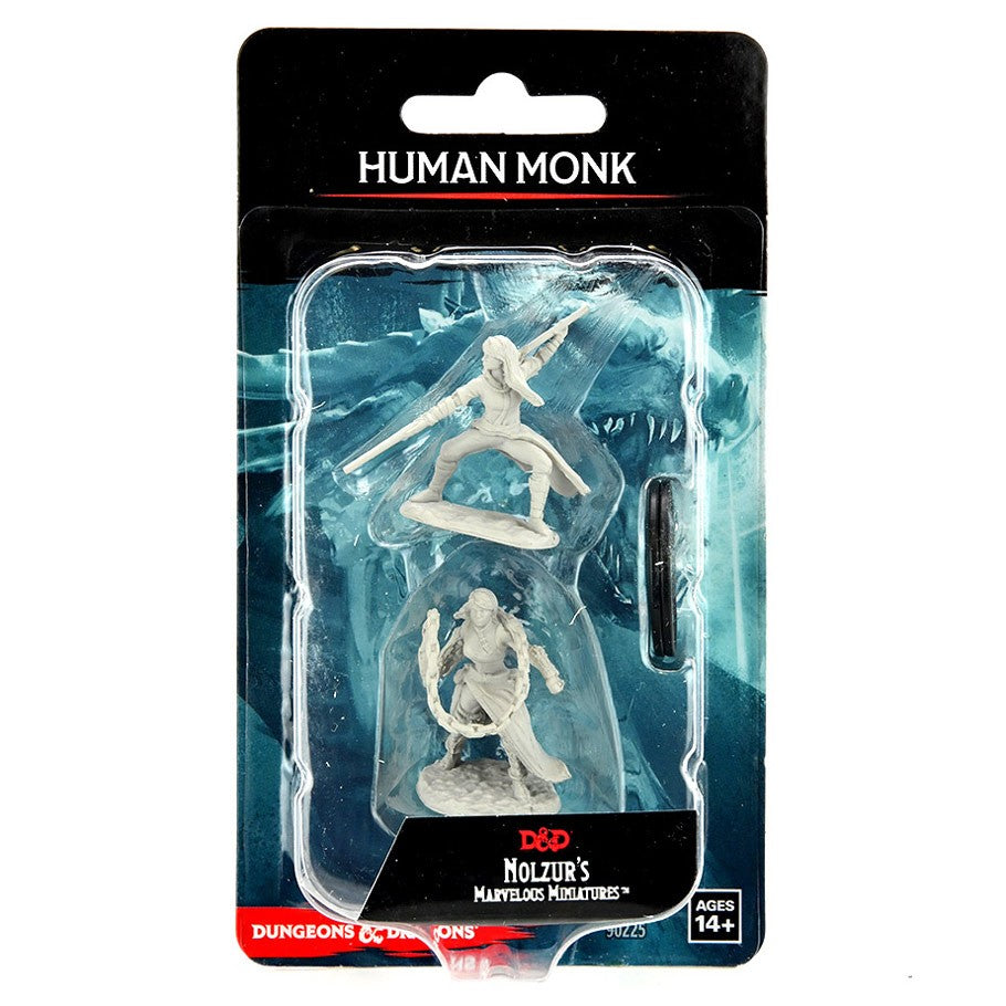 D&D: Nolzur's Marvelous Minis: Human Monk Female Wave 14 - Unpainted plastic female human monk miniature in clear blister pack with D&D branding and fantasy artwork background.
