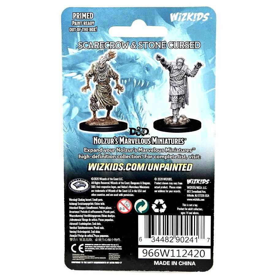 D&D: Nolzur's Marvelous Minis: Scarecrow & Stone Cursed Wave 14 - Back packaging of D&D Nolzur's Marvelous Minis Scarecrow & Stone Cursed with product details and warnings.