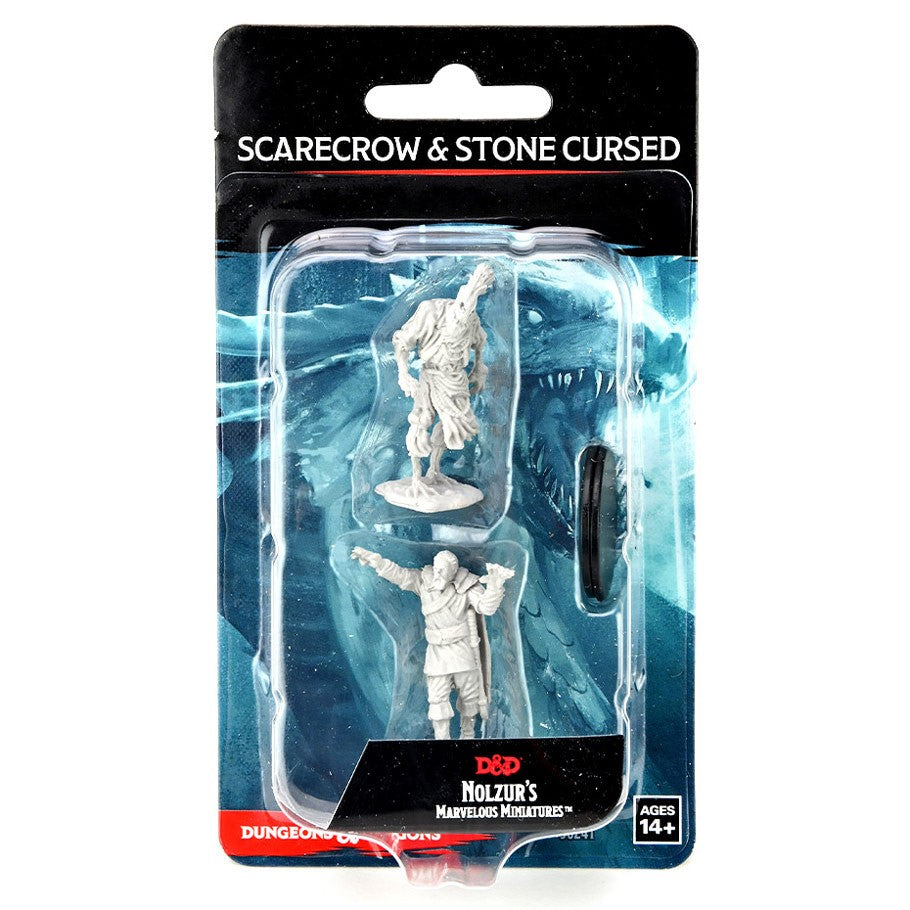 D&D: Nolzur's Marvelous Minis: Scarecrow & Stone Cursed Wave 14 - Unpainted Dungeons & Dragons miniatures set featuring Scarecrow and Stone Cursed figures in plastic blister pack.