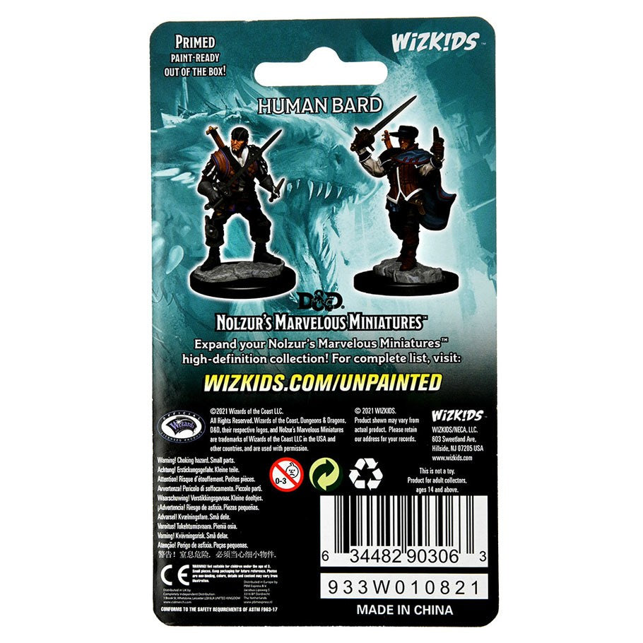 D&D: Nolzur's Marvelous Minis: Human Bard Male Wave 15 (Unpainted) - Unpainted plastic miniature of a male human bard playing a lute on a round base against a fantasy blue background card.