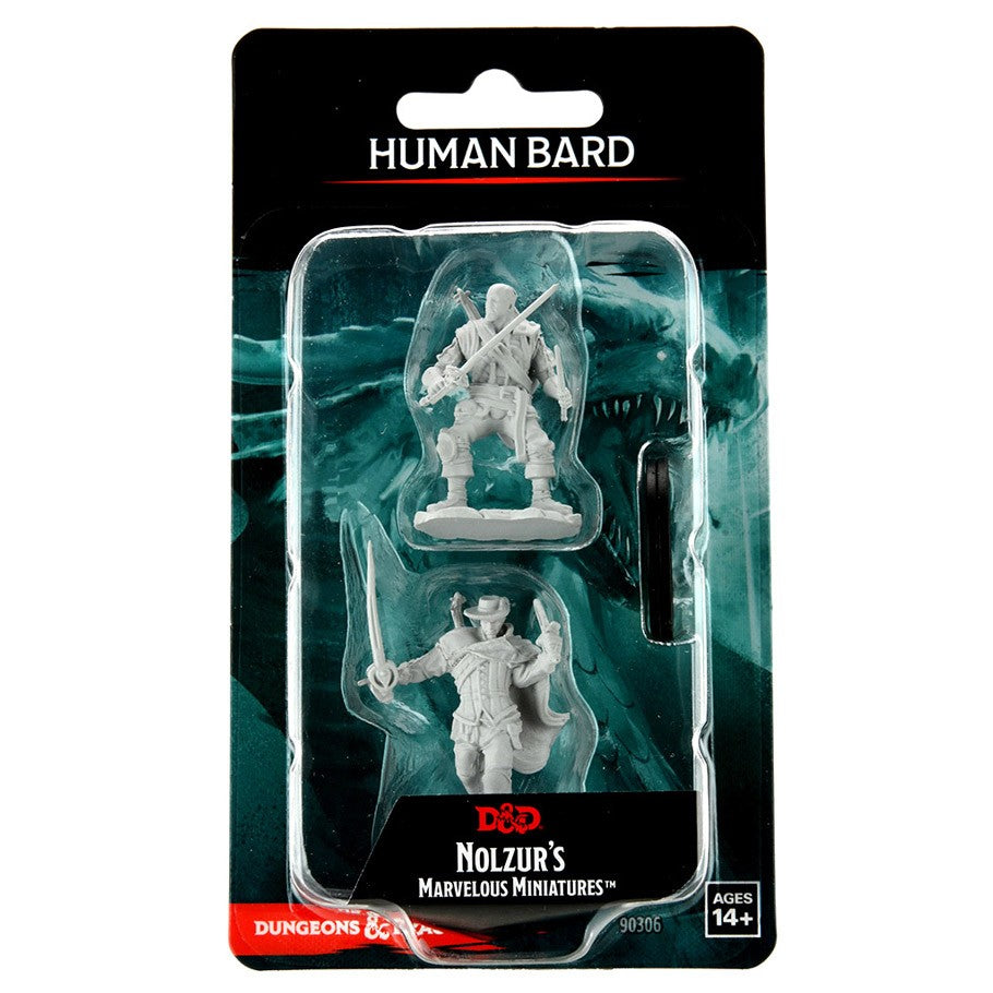 D&D: Nolzur's Marvelous Minis: Human Bard Male Wave 15 (Unpainted) - Unpainted human bard male miniatures set with sword and lute accessories in clear blister pack.