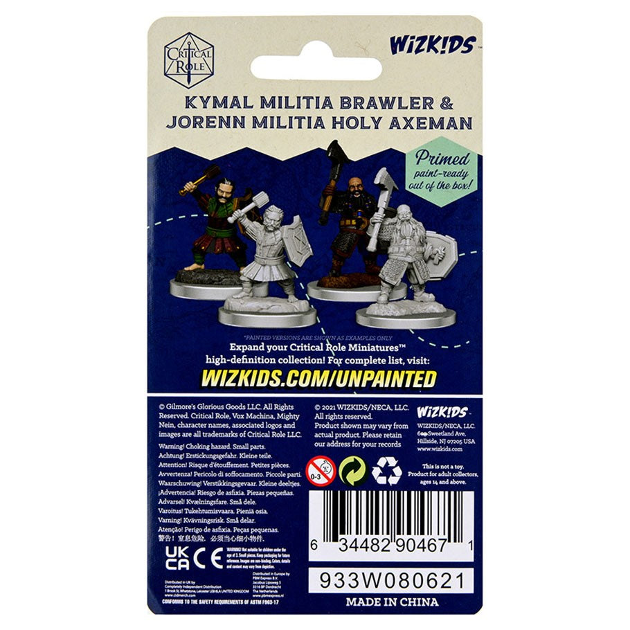 Critical Role Mini: Kymal & Jorenn - Unpainted Critical Role miniatures Kymal Militia Brawler and Jorenn Militia Holy Axeman on blue card backing.