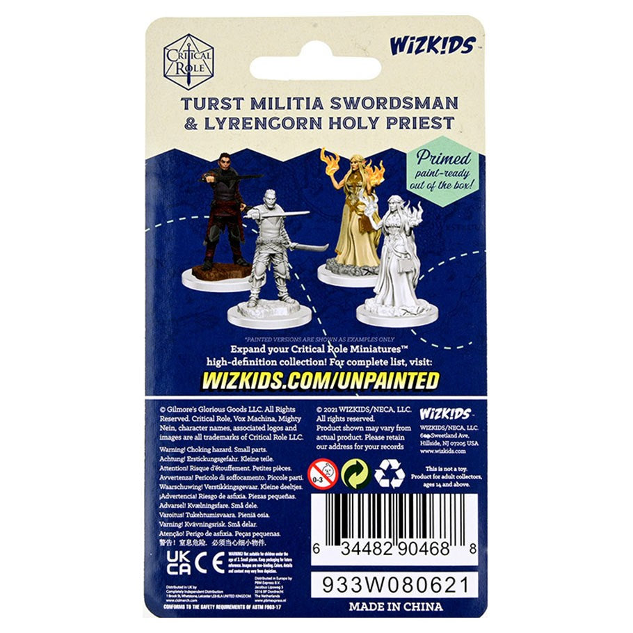 Critical Role Mini: Turst & Lyrengorn - Unpainted miniature set featuring a swordsman in armor and a robed holy priest with a staff, displayed on circular bases.