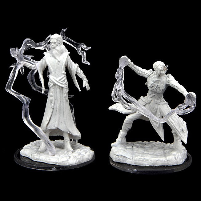 Critical Role Mini: Remnant Cultist & Chosen - Two unpainted fantasy miniatures, one robed figure casting energy with flowing cloth, the other in dynamic battle stance.