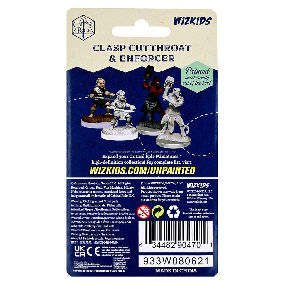 Critical Role Mini: Clasp Cutthroat & Enforcer - Two unpainted fantasy miniatures on black bases, one wielding a sword and the other holding a large weapon, on a branded.