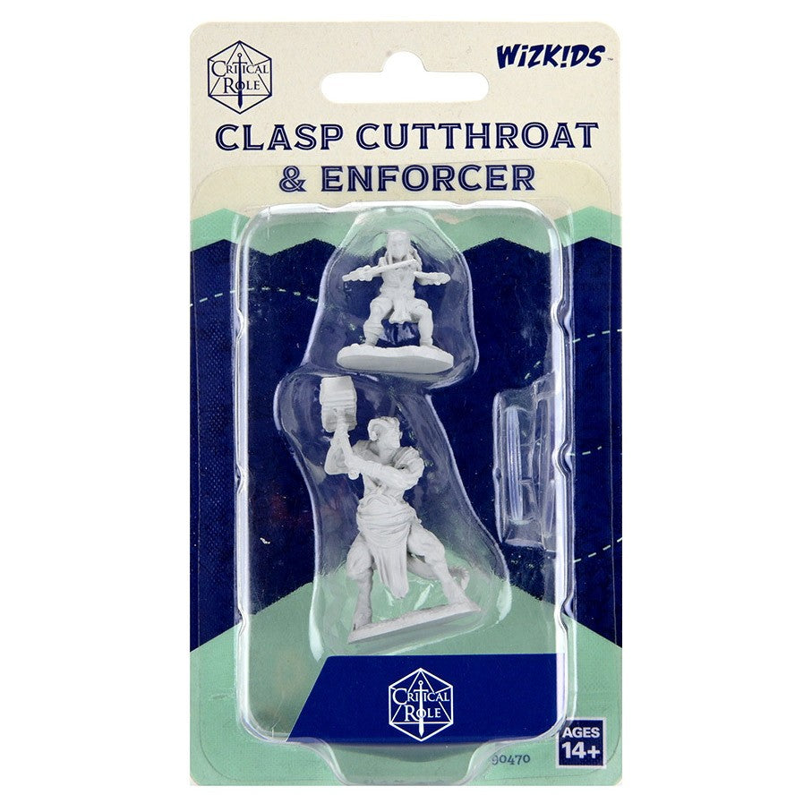 Critical Role Mini: Clasp Cutthroat & Enforcer - Two detailed gray fantasy miniatures, Clasp Cutthroat wielding a dagger and Enforcer brandishing a mace, in blister packaging.