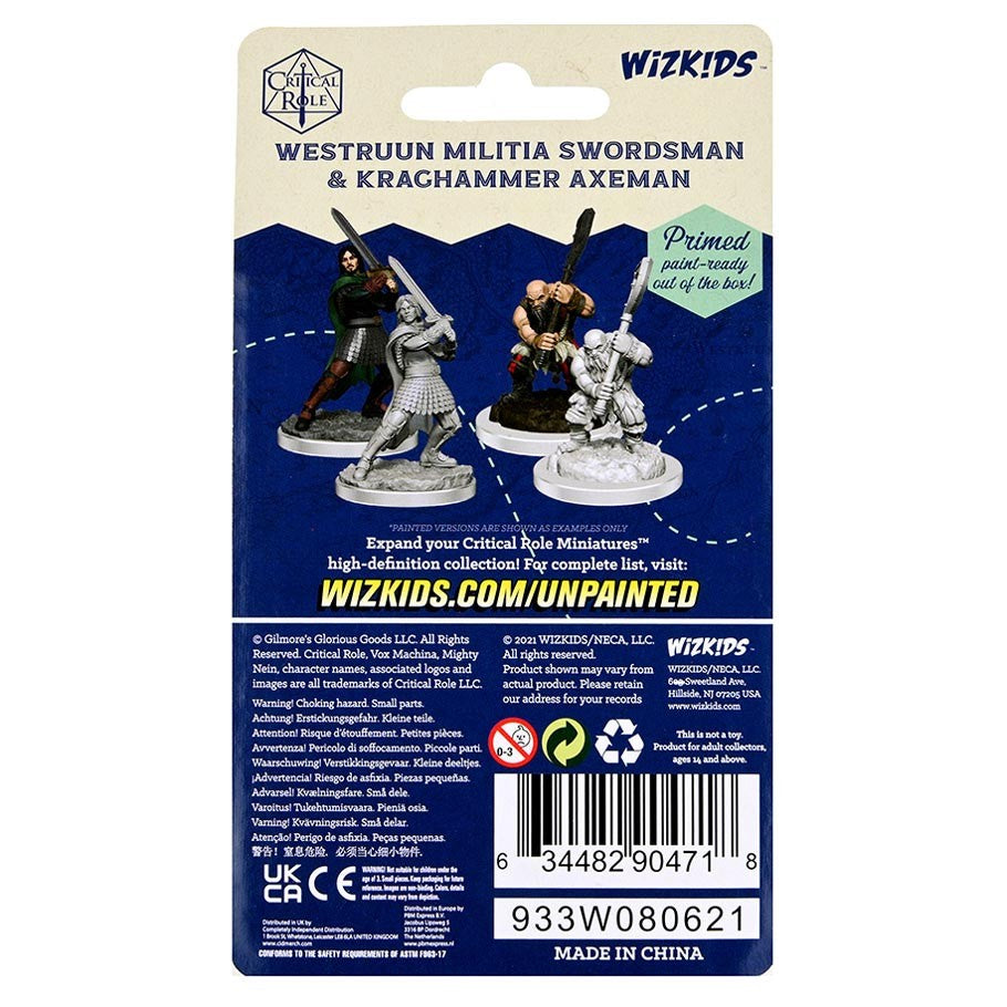 Critical Role Mini: Westruun & Kraghammer - Packaging for Critical Role Miniatures featuring unpainted Westruun Militia Swordsman and Kraghammer Axeman figures with.