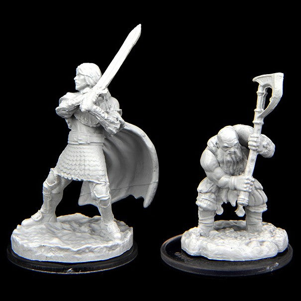 Critical Role Mini: Westruun & Kraghammer - Unpainted fantasy miniatures of a cloaked warrior with sword and armored dwarf with axe on rocky bases.