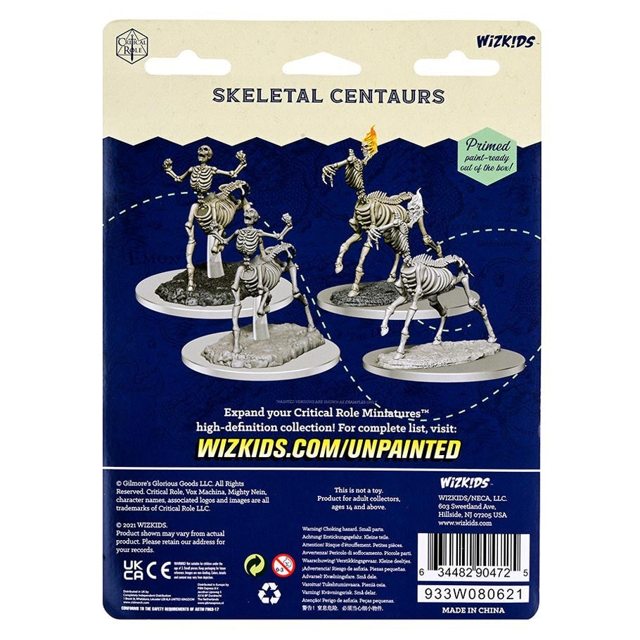 Critical Role Mini: Skeletal Centaurs - Unpainted plastic miniatures of three skeletal centaurs with bone details on round bases, fantasy tabletop figures.