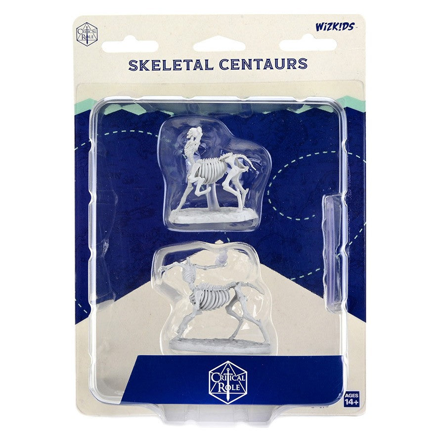 Critical Role Mini: Skeletal Centaurs - Two unpainted skeletal centaur miniatures in clear plastic packaging with blue and beige backing labeled Skeletal Centaurs.
