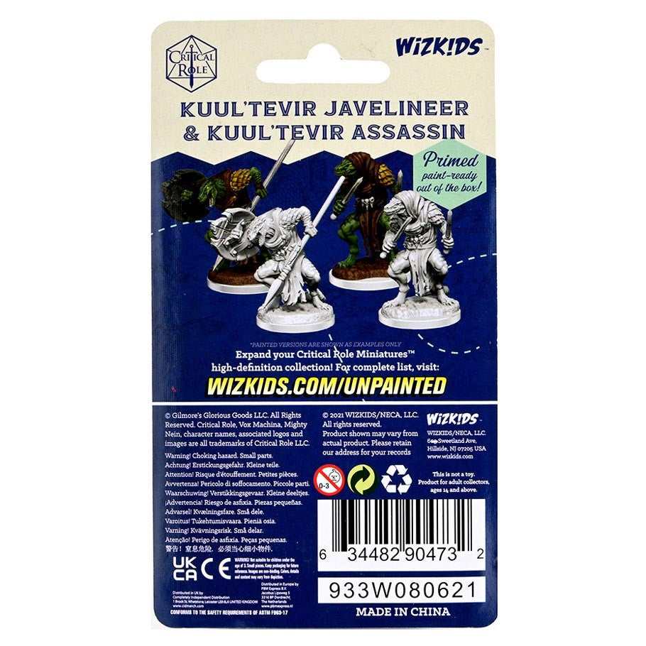 Critical Role Mini: Kuul'Tevir Javelineer & Assassin - Unpainted gray plastic miniatures of Kuul’Tevir Javelineer and Assassin fantasy characters on round bases with packaging.