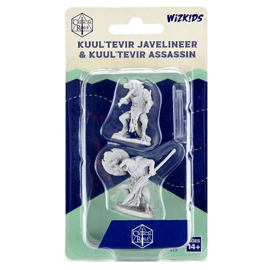 Critical Role Mini: Kuul'Tevir Javelineer & Assassin - Two unpainted gray resin miniatures of Kuul'Tevir Javeliner and Assassin in clear blister pack with blue and white Critical.