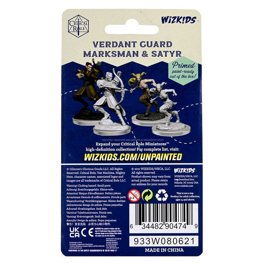 Critical Role Mini: Verdant Guard Marksman & Satyr - Unpainted fantasy miniatures of a satyr and an armored marksman, both on round bases, displayed on branded backing card.
