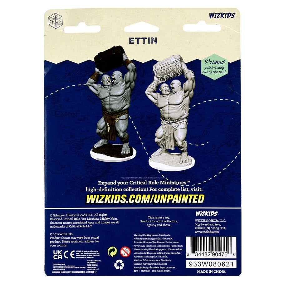 Critical Role Mini: Ettin - Unpainted and painted gray two-headed Ettin fantasy miniature with muscular build on round base.