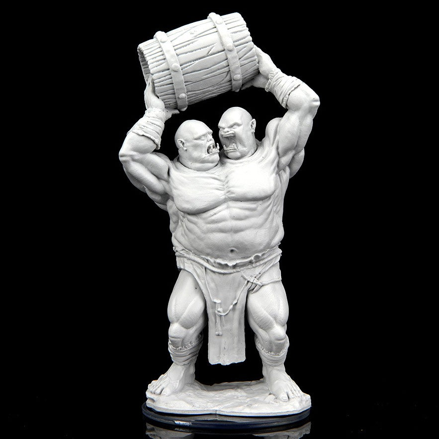 Critical Role Mini: Ettin - Gray unpainted two-headed giant miniature holding a large barrel overhead on a round base.