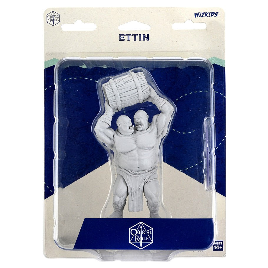 Critical Role Mini: Ettin - Gray unpainted two-headed Ettin miniature holding a barrel above its head in clear plastic packaging.