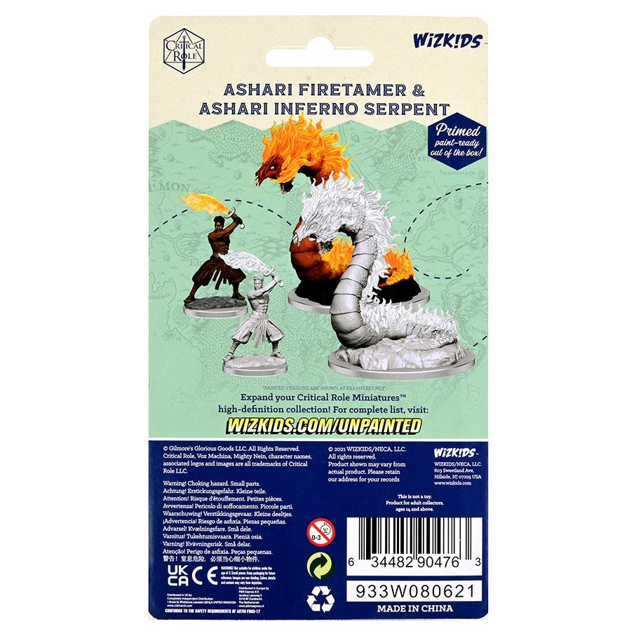 Critical Role Mini: Ashari Firetamer & Inferno Serpent - Unpainted gray plastic miniatures of a humanoid figure wielding fire magic and a coiled serpent with fiery orange flames on.