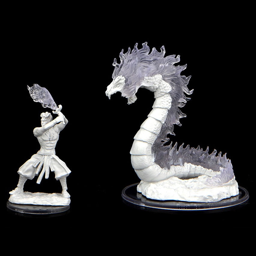 Critical Role Mini: Ashari Firetamer & Inferno Serpent - Unpainted fantasy miniature showing a humanoid warrior facing a coiled serpent with a fiery mane and segmented body.