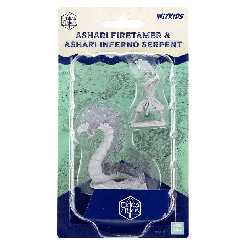 Critical Role Mini: Ashari Firetamer & Inferno Serpent - Gray coiled serpent and standing hooded figure miniatures in blister pack for Ashari Firetamer & Inferno Serpent.