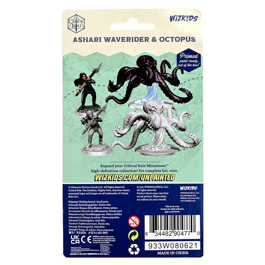 Critical Role Mini: Ashari Waverider & Octopus - Set of three painted fantasy miniatures featuring a dark purple octopus, a white octopus, and a black-clad armored warrior.