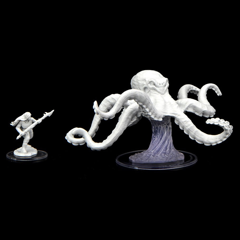 Critical Role Mini: Ashari Waverider & Octopus - White octopus mini with detailed tentacles on a translucent purple base next to a small warrior figure holding a spear.