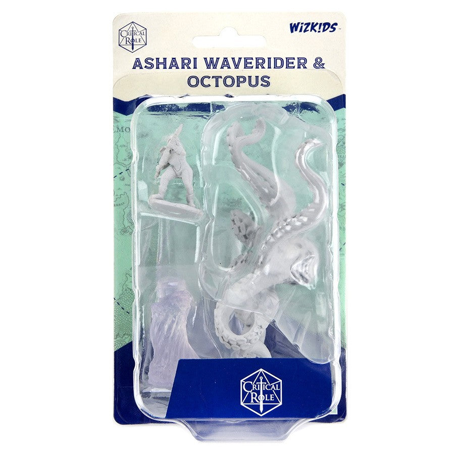 Critical Role Mini: Ashari Waverider & Octopus - Ashari Waverider miniature with detailed octopus tentacles, unpainted plastic fantasy figure set.