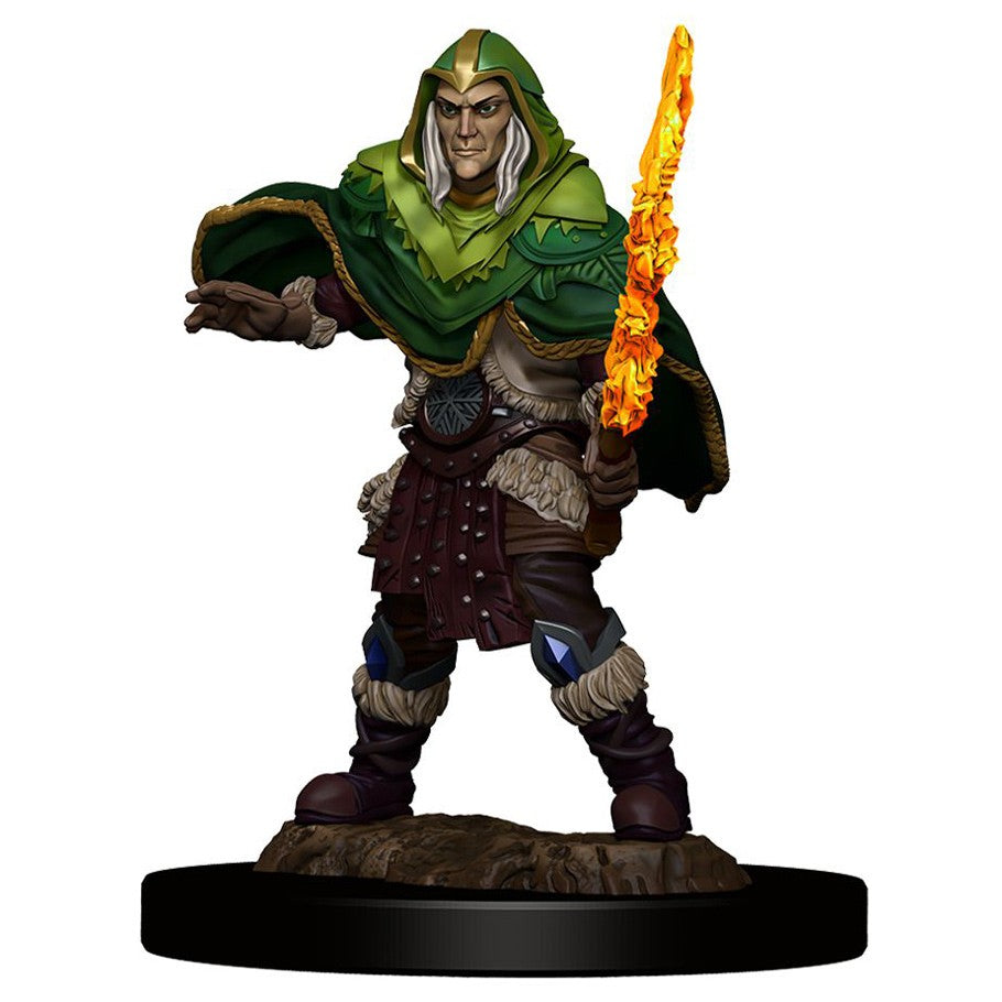 D&D: Icons of the Realms: Premium Figures: Elf Fighter Male - Male elf fighter miniature with green cloak, leather armor, and flaming sword on round base.