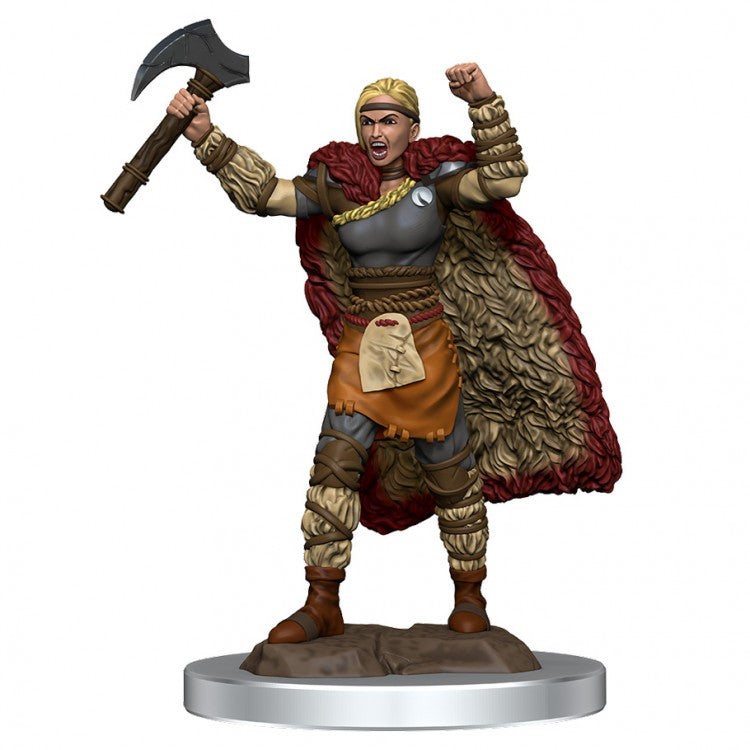 D&D: Icons of the Realms: Female Human Barbarian - Female human barbarian miniature wielding axe, wearing brown leather armor and fur-lined red cloak.