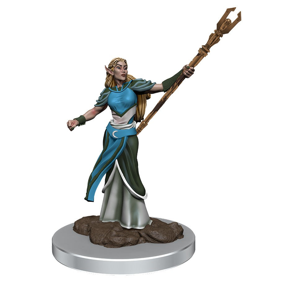 D&D: Icons of the Realms: Female Elf Sorcerer - Female elf sorcerer miniature with blue and teal armor, long blonde hair, holding a staff on rocky base.