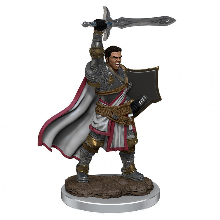 D&D: Icons of the Realms: Male Human Paladin - Male human paladin miniature in detailed silver armor with red-lined white cape, holding raised sword and black shield.