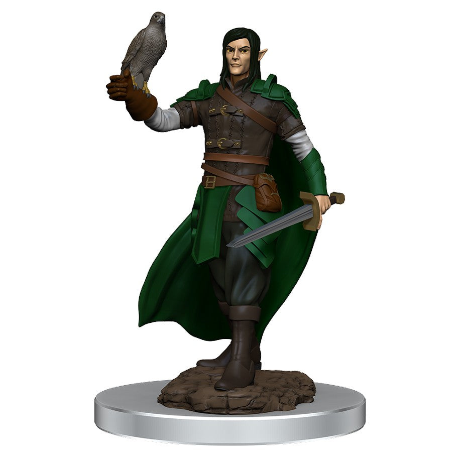 D&D: Icons of the Realms: Male Elf Ranger - Male elf ranger miniature with dark hair in green cloak holding a falcon and sword on a round base.