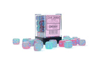 Chessex: Gel Green-Pink/blue 12mm d6 Dice Block (36 dice) - Set of translucent gel green-pink and blue 12mm six-sided dice with white numbering, displayed outside and inside a clear.