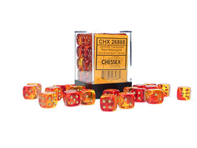 Chessex: Gemini Translucent: Red-Yellow/Gold 12mm d6 Dice Block (36 dice) - Set of 36 translucent red and yellow d6 dice with gold pips, 12mm cubes in clear plastic box.