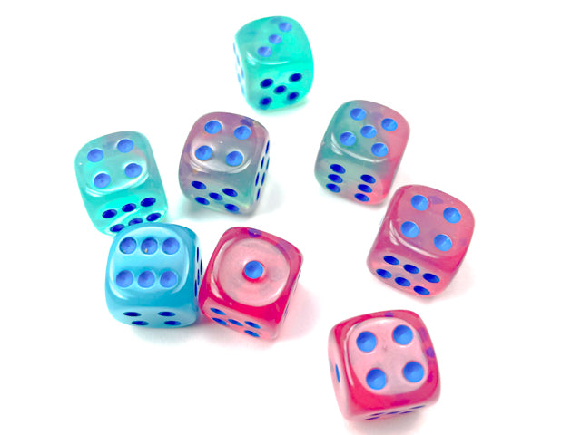 Chessex: Gel Green-Pink/blue 12mm d6 Dice Block (36 dice) - Set of transparent 12mm six-sided dice in gel green, pink, and blue with contrasting pips.