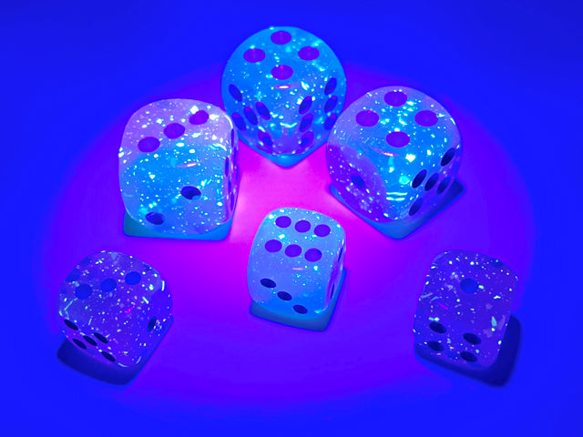 Chessex: Gel Green-Pink/blue 12mm d6 Dice Block (36 dice) - Set of six translucent six-sided dice in glowing gel green, pink, and blue hues with circular pips.