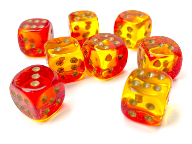 Chessex: Gemini Translucent: Red-Yellow/Gold 12mm d6 Dice Block (36 dice) - Set of translucent 12mm six-sided dice with red and yellow-gold swirls and white pips.
