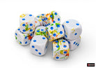 Chessex d6 Dice Block - Breezy/blue 16mm (12 dice) - Set of twelve 16mm white acrylic d6 dice with blue, green, orange, and yellow speckles and blue pips.